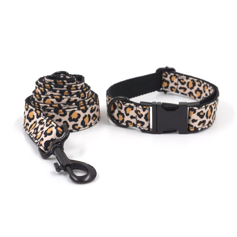 Leaping Leopard Collar, Bow/Bowtie, Leash, Harness, and Waste Bag Holder