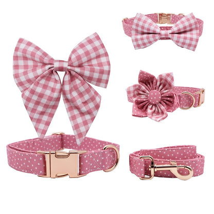 Pink Polka Dot Collar, Leash, Bow, Flower