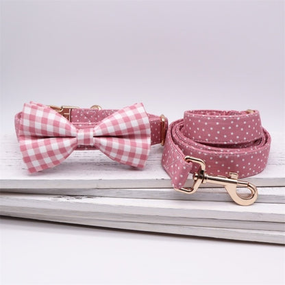 Pink Polka Dot Collar, Leash, Bow, Flower
