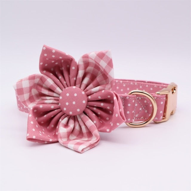 Pink Polka Dot Collar, Leash, Bow, Flower