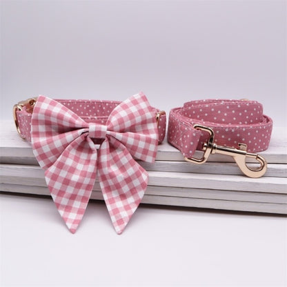 Pink Polka Dot Collar, Leash, Bow, Flower