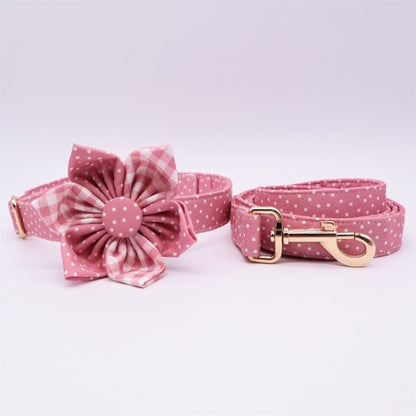 Pink Polka Dot Collar, Leash, Bow, Flower